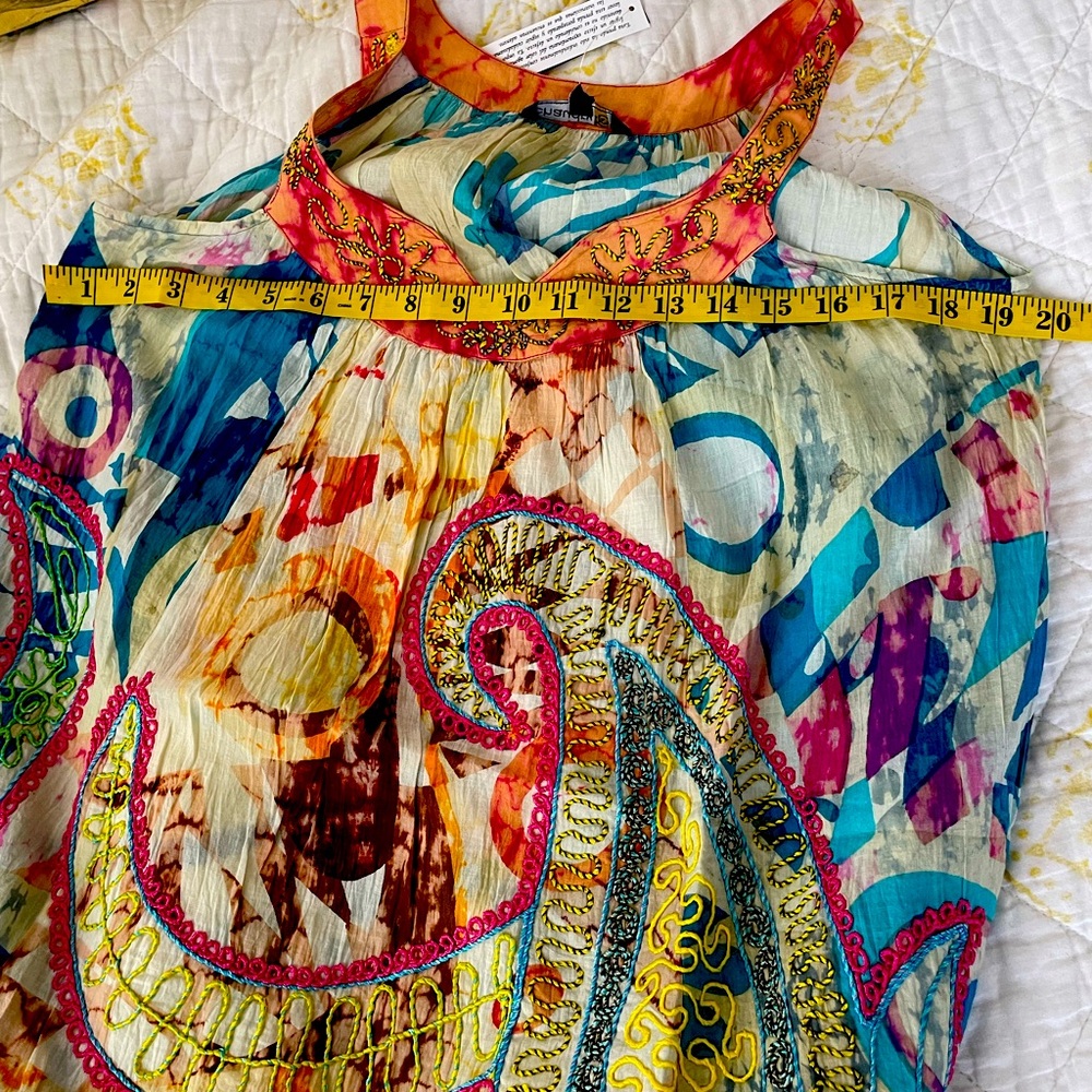 NWT Chaudry Boho TieDyed Embroidered‎ SunFun Dress w/Ruffle Hem Size S oversized - Picture 7 of 8